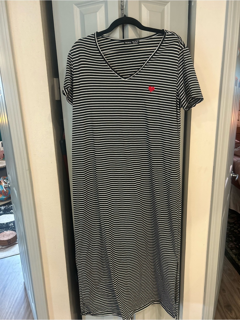 Forever 21 Black & White Striped V-Neck Maxi Dress with Red Heart